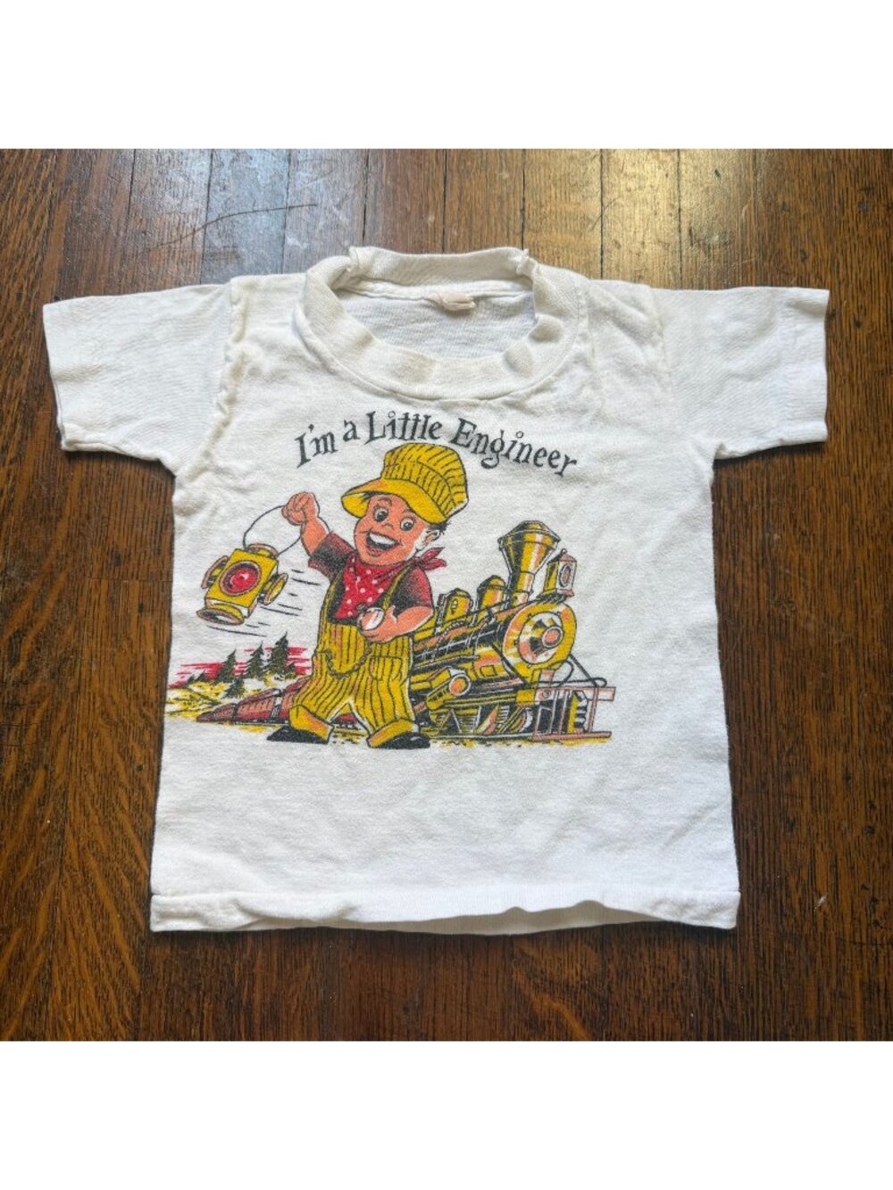 Vintage 1970s Baby I’m a Little Engineer T-Shirt, Kids Size 3-6m, Train